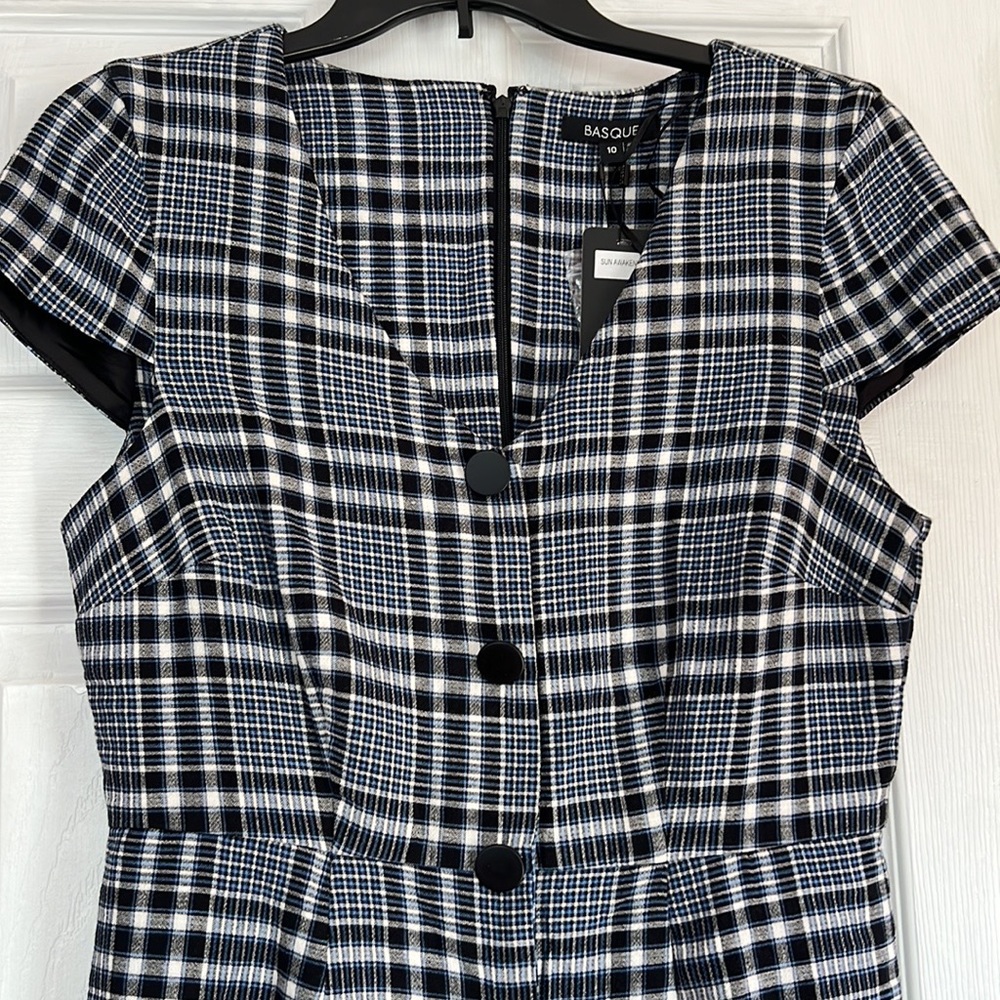 Basque Womens Midi Dress Blue Black plaid Size 10 Cap Sleeves Cotton Blend NWT - Picture 2 of 15